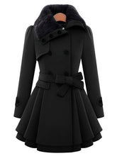 Aurohaya Elegant Double Breasted Coat with Fur Collar, Belt & Ruffled Hem for Women Stylish Fall/Winter Outerwear